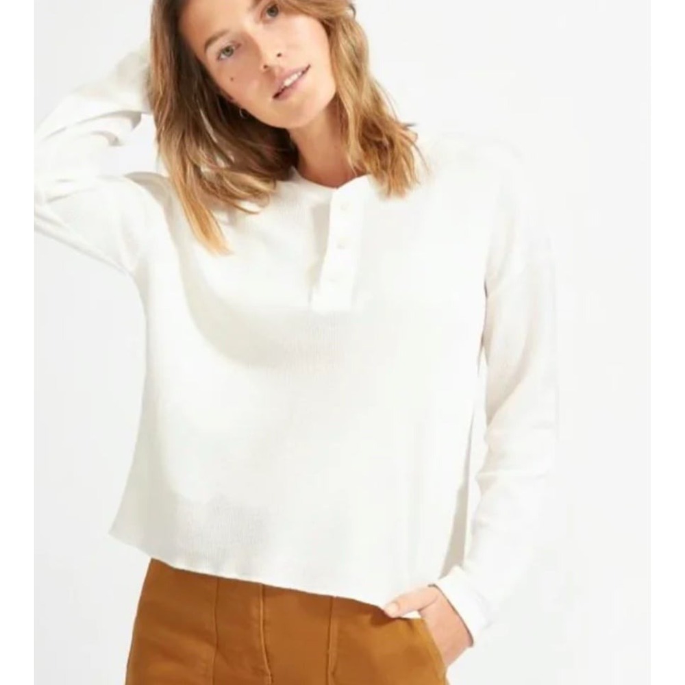 Everlane Waffle Knit Cropped Henley Shirt Organic Cotton Thermal